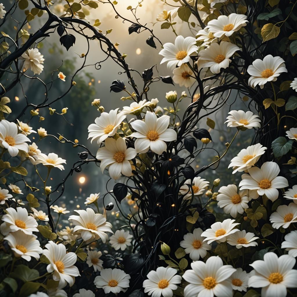 Eerie Black Flower in a Field of White Flowers