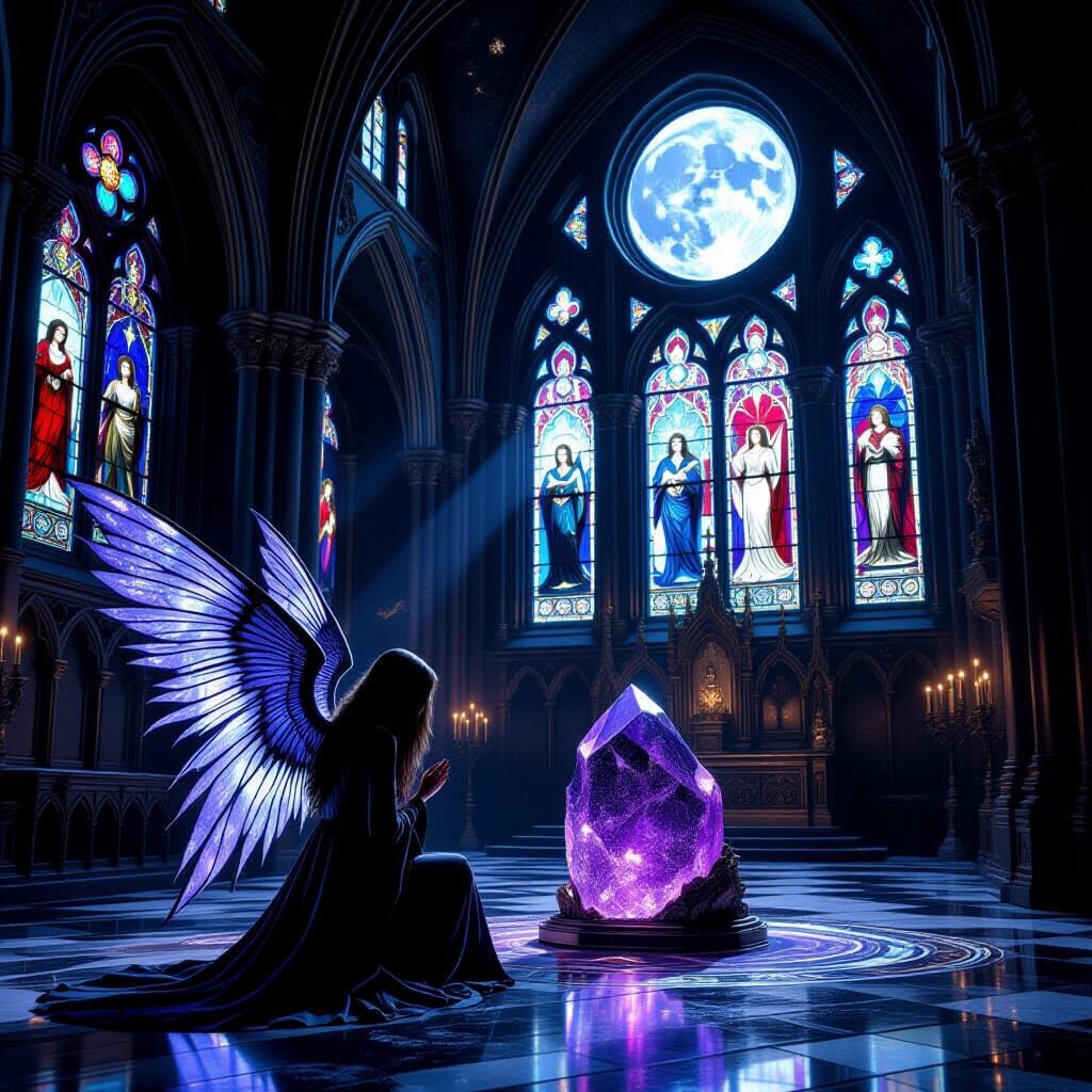 Gothic Cathedral Interior with Angel, Caravaggio Style