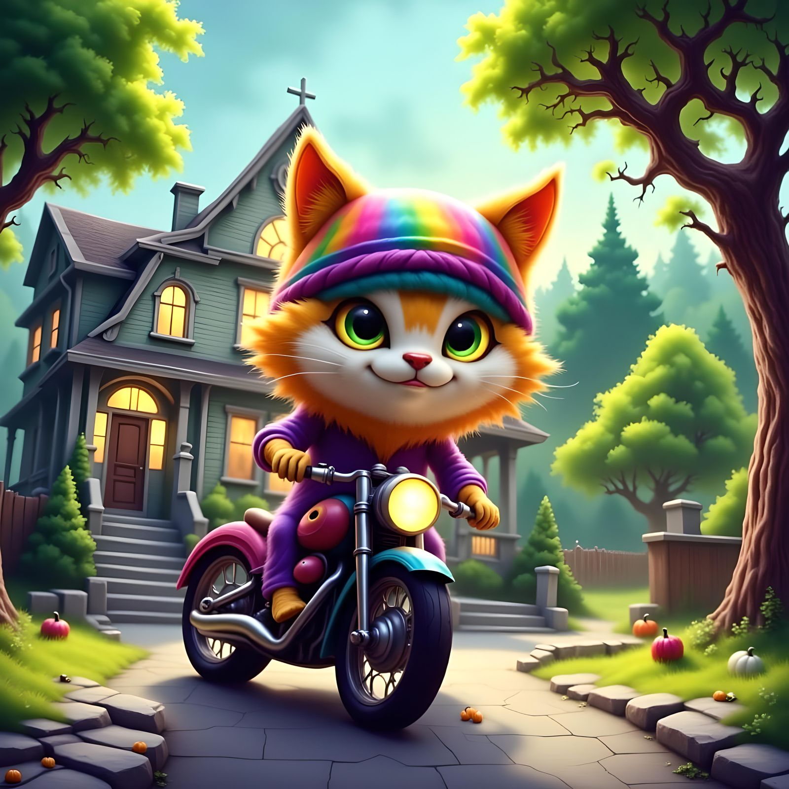 Cartoon Cat's Rainbow Motorcycle Ride