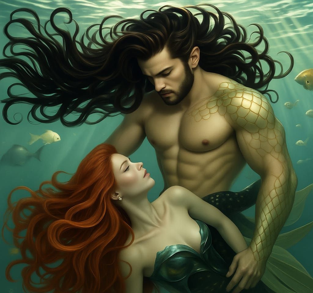 Redhead Woman and Merman Underwater