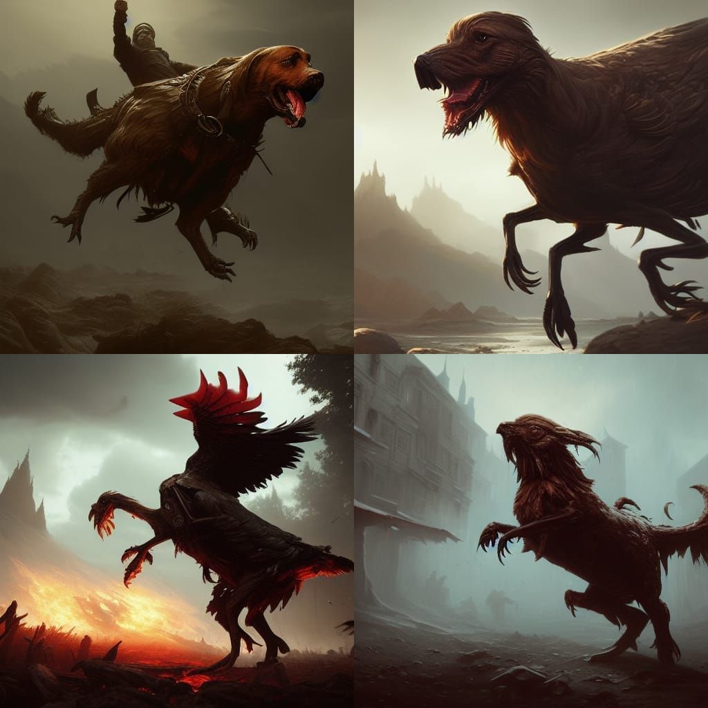 Labrador Rides Hell Chicken: Dark Fantasy Concept Art
