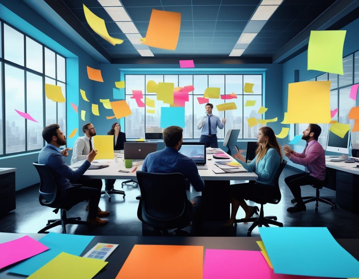 Vibrant Office Chaos in Cinematic Digital Art