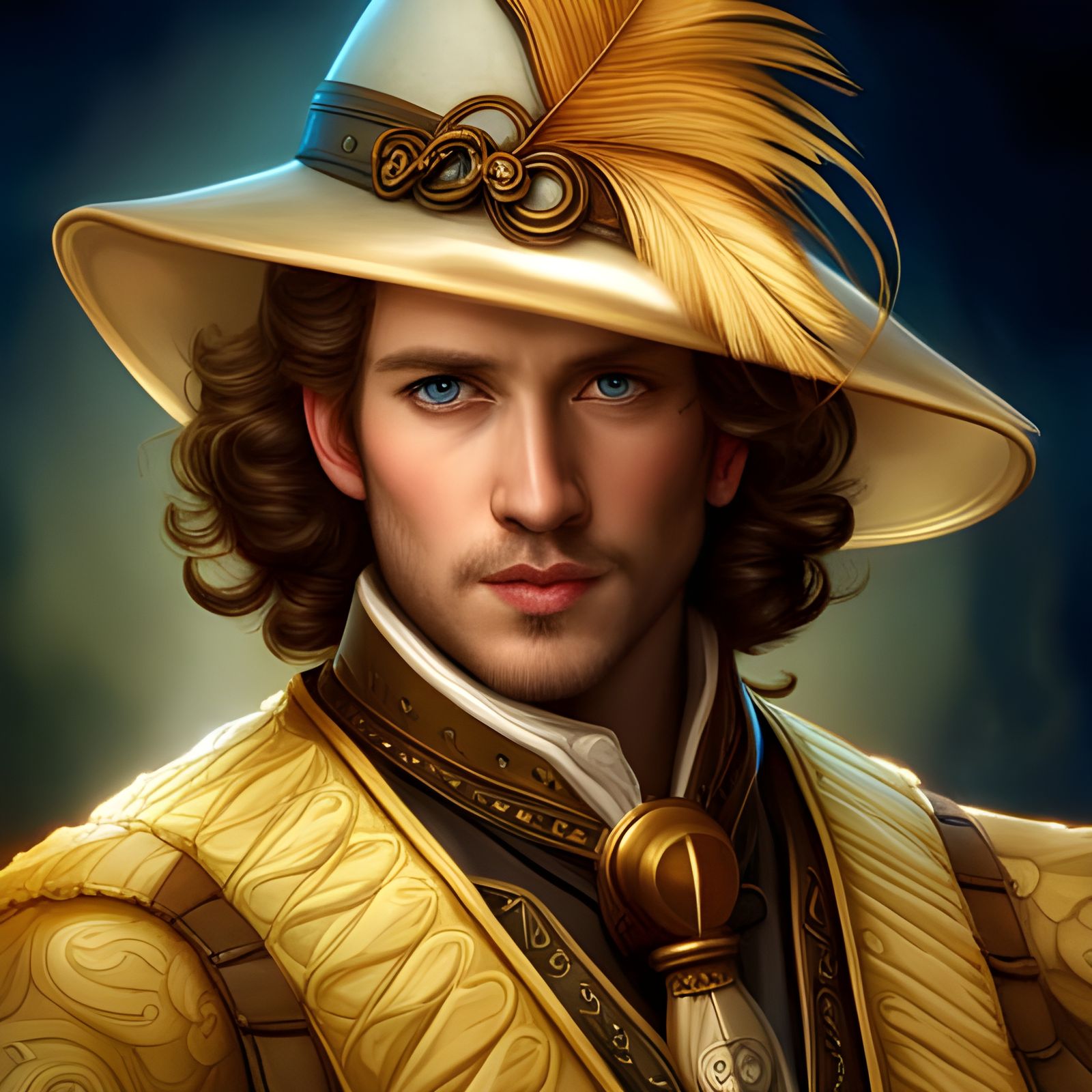 Handsome Musketeer with Feathered Hat, Detailed Digital Art
