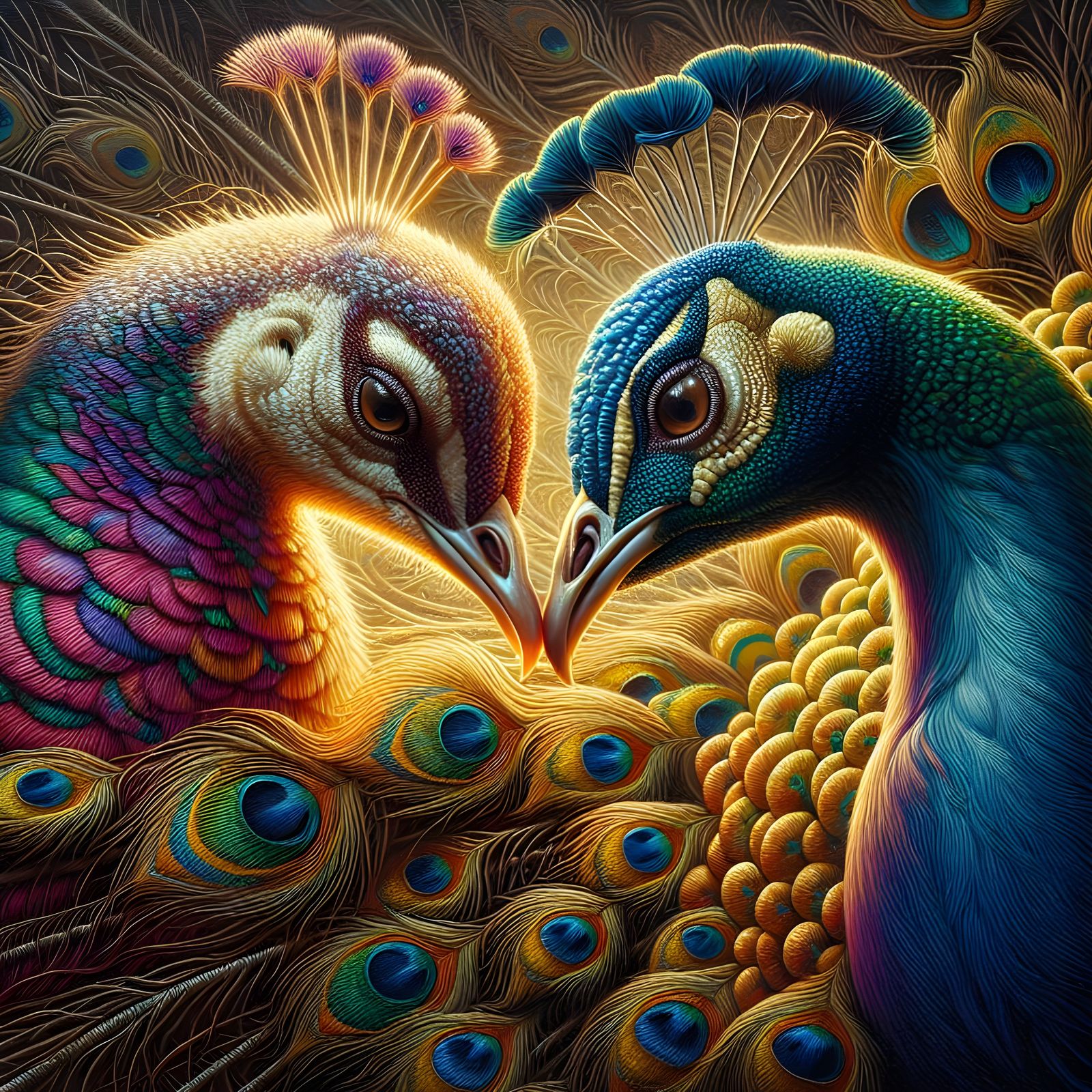 Vibrant Peacock Pair in Intimate Oil Painting