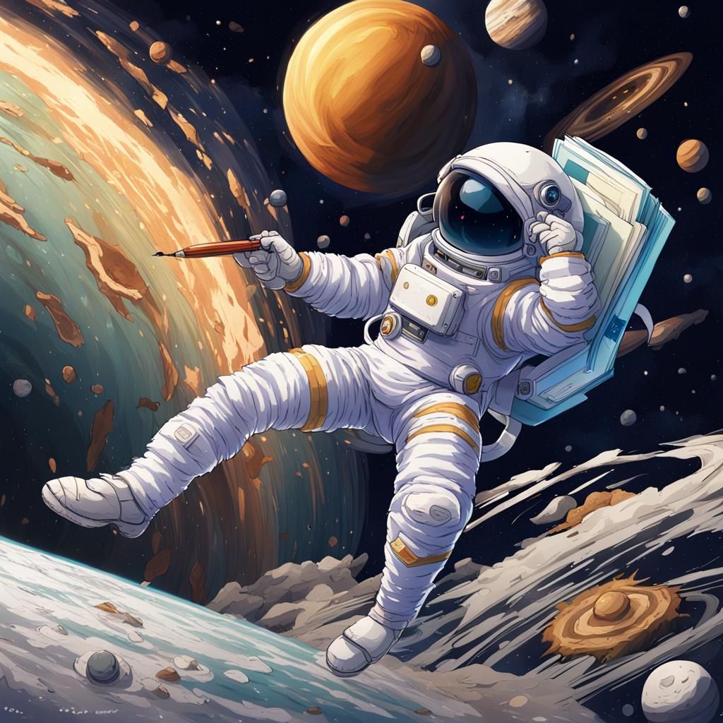 Astronaut Rips Space Near Saturn in Anime Style