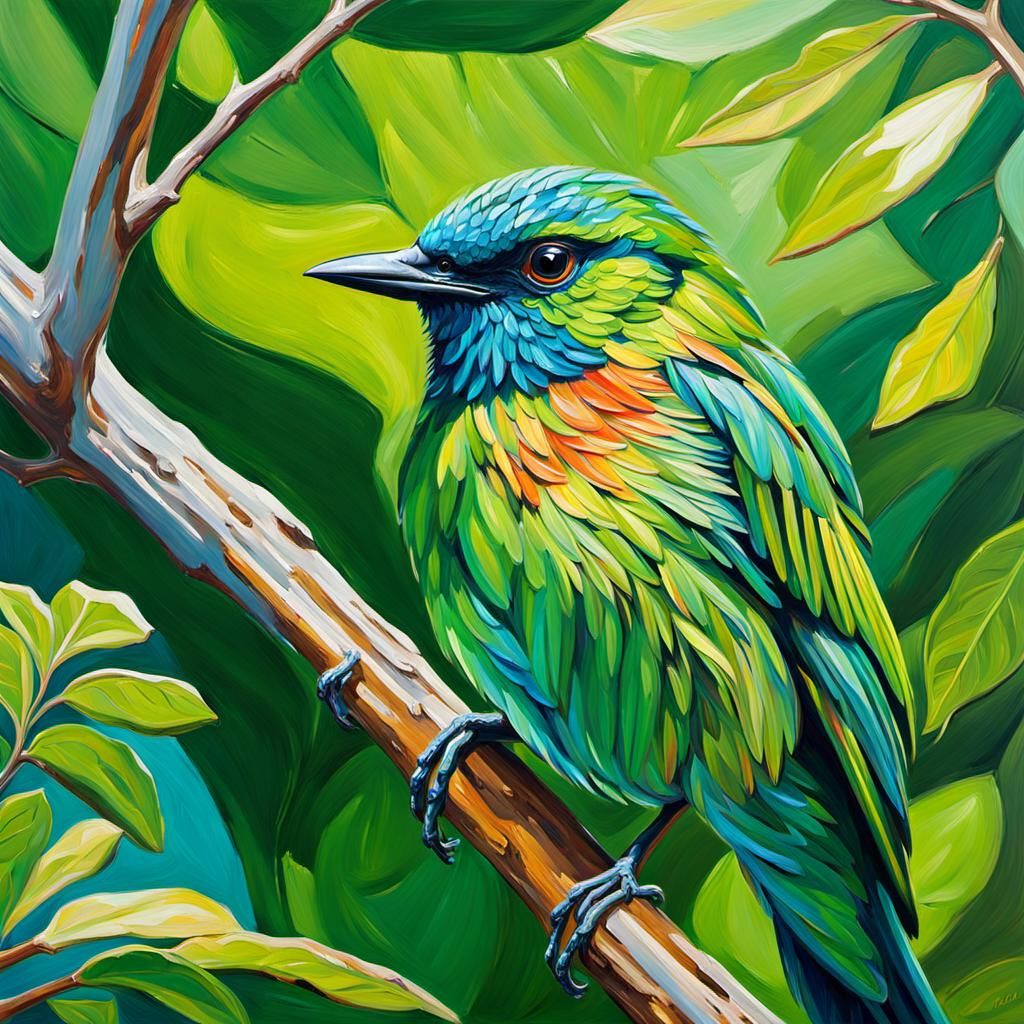 Green Bird Impasto Oil Painting on Branch