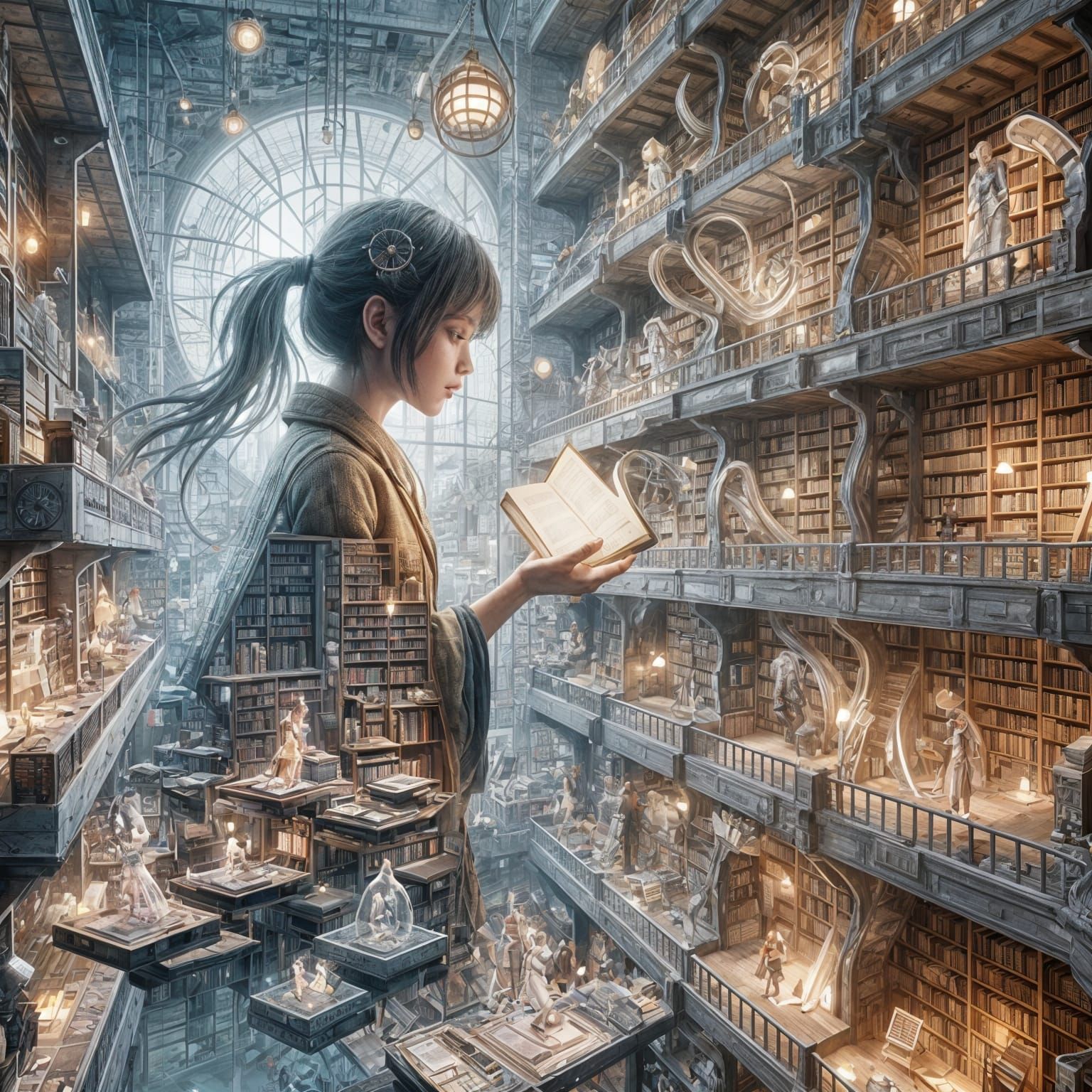 Asian Girl in Infinite Library as 20th-Century Animation