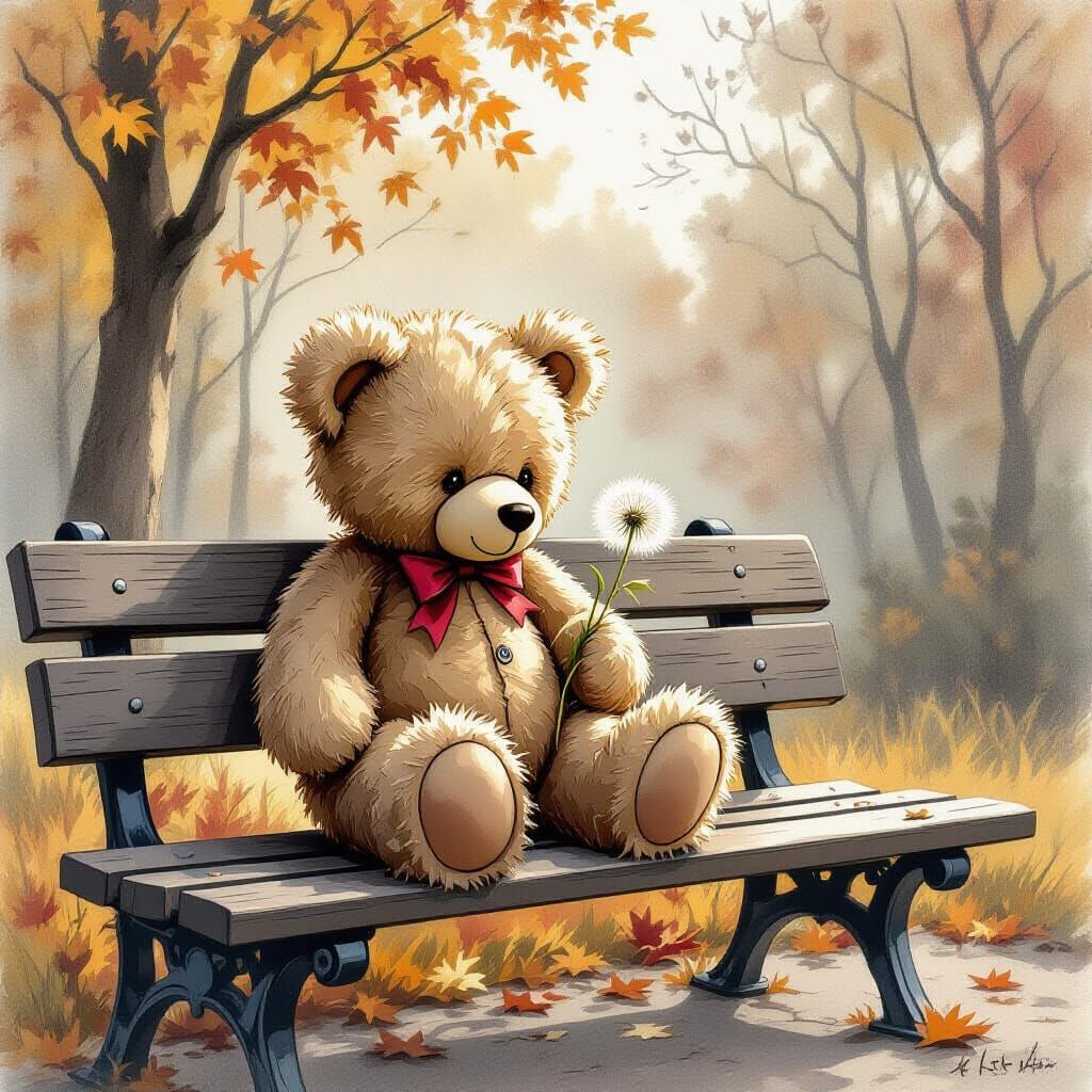 Melancholic Teddy Bear with Dandelion in Autumn