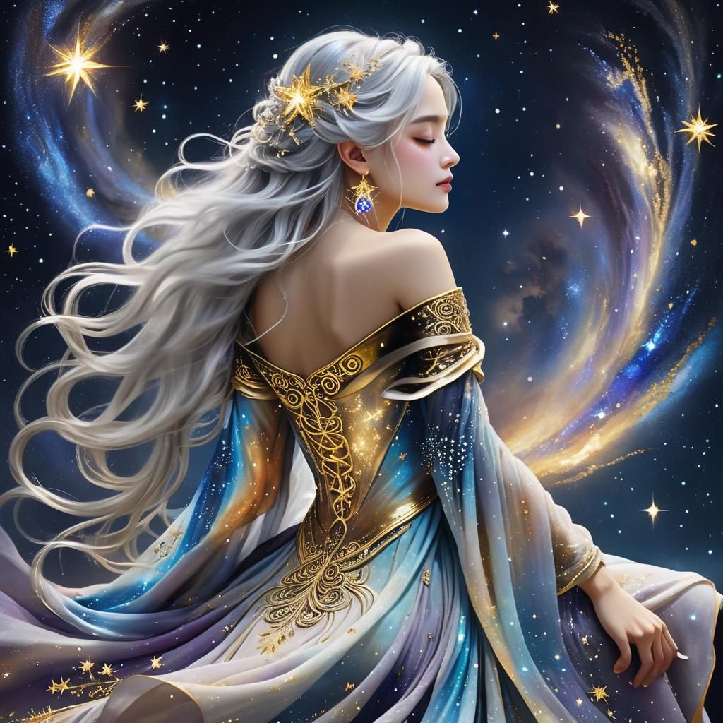 Goddess in Galaxy Dress with Art Nouveau Flair