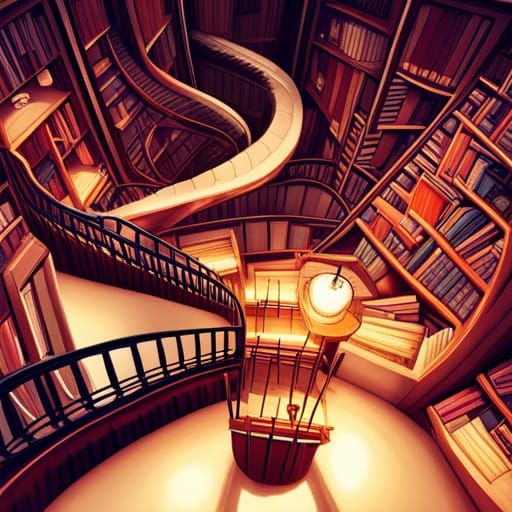 Infinite Library with Spiral Staircase: Surreal Concept Art