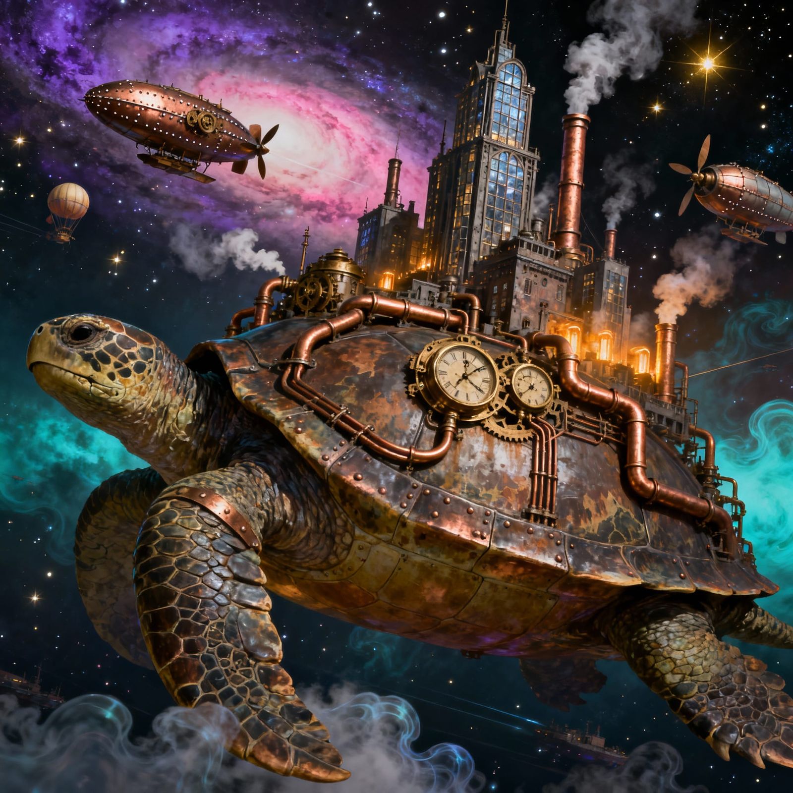 Steampunk City on Giant Turtle Traverses Cosmic Void