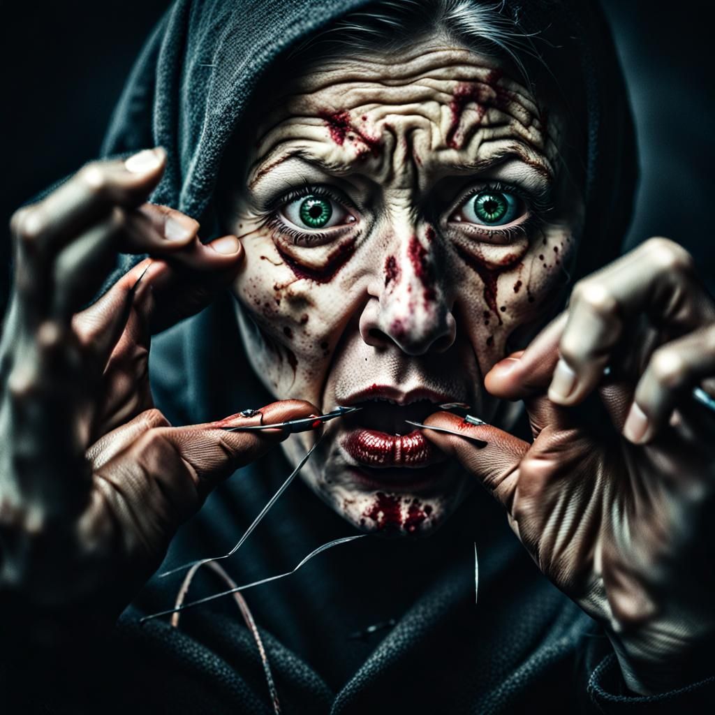 Terrified Woman Sews Her Lips Shut in Hyperrealistic Image