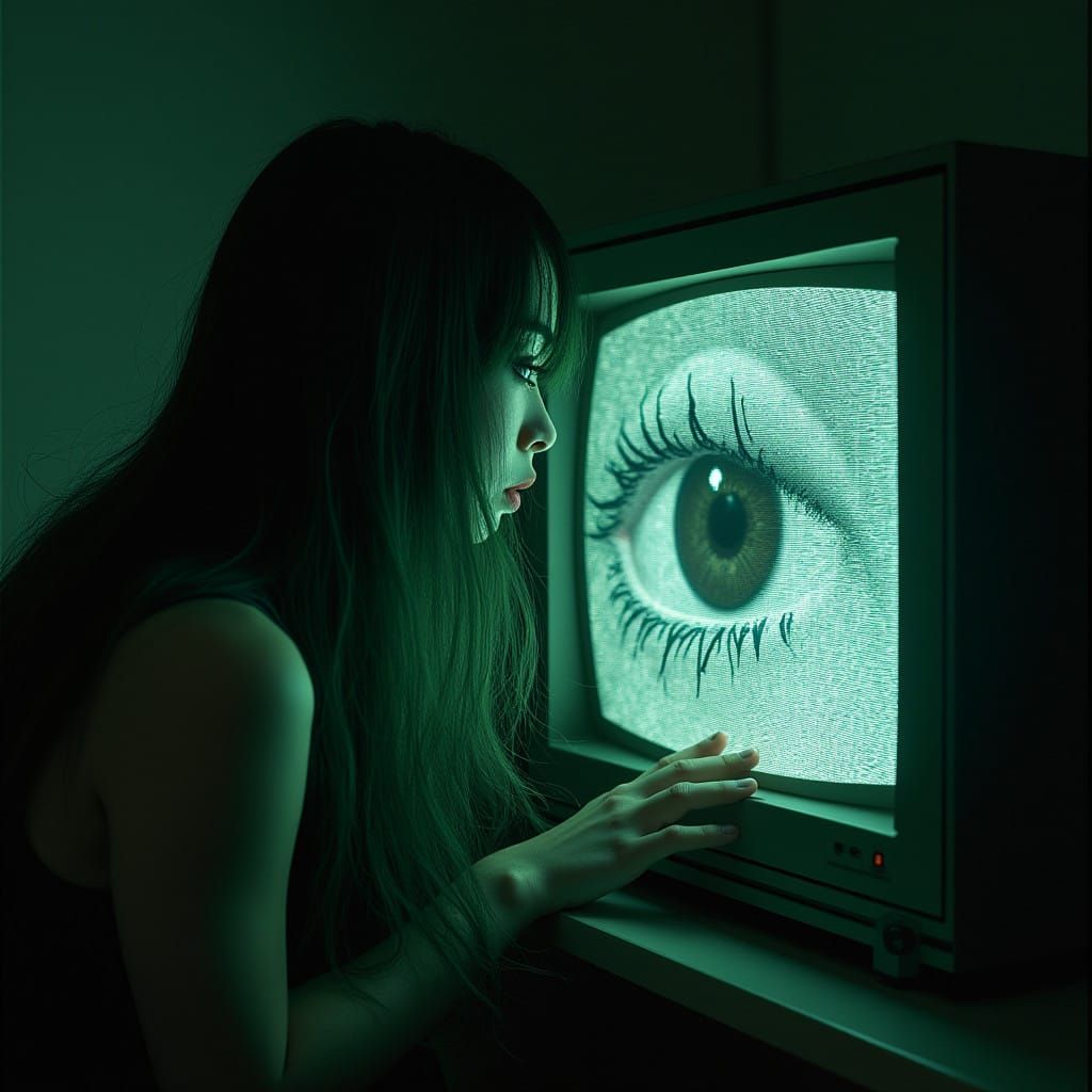 Young Woman Trapped in TV Glow