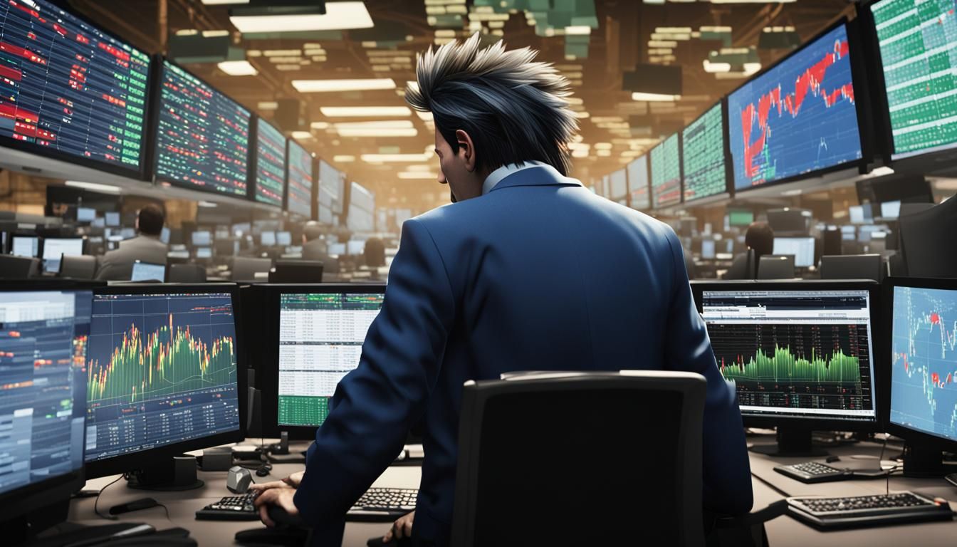 a back-view CGI scene in SDXL showcasing a mad trader with springy hair engrossed in trading activity