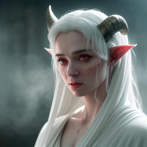 Tiefling Priestess in Temple Bathhouse: Cinematic Film Still