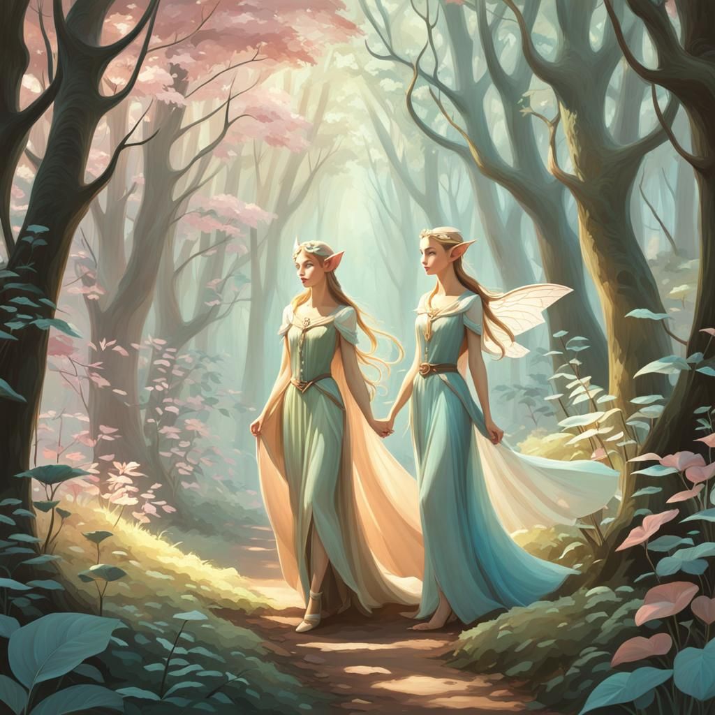 Elves in Forest: 2D Illustration with Soft Hues