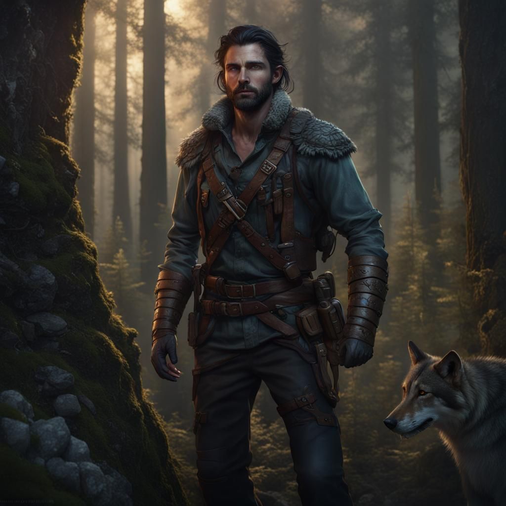 Ranger and Wolf Companion in Brooding Forest