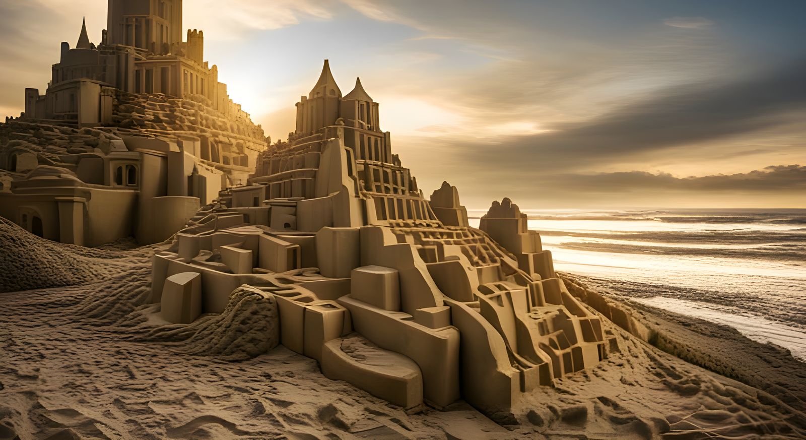 Hyperrealistic Intricate Sand Castle on a Beach