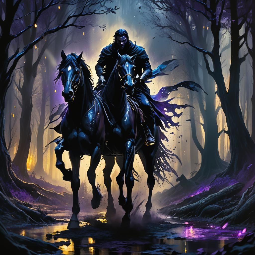 Darkling on Black Stallion in Dark Fantasy Art