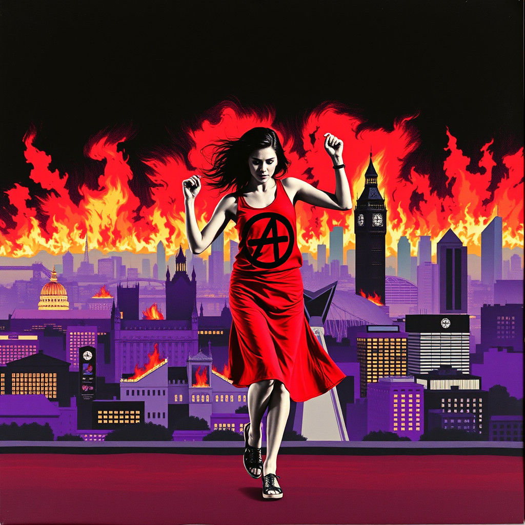 Woman Dancing Before Burning Cityscape in Hughes Style