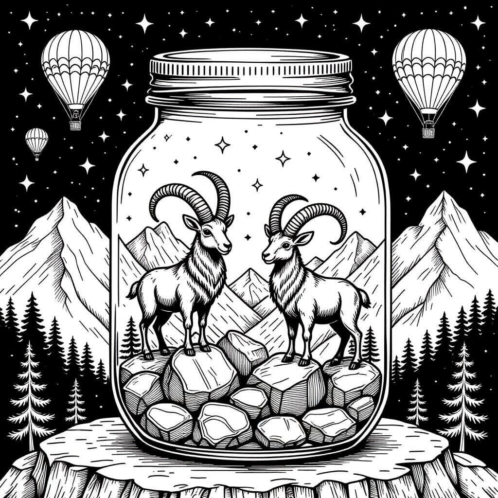Ibex and Mountains in a Jar: Doodle Line Art