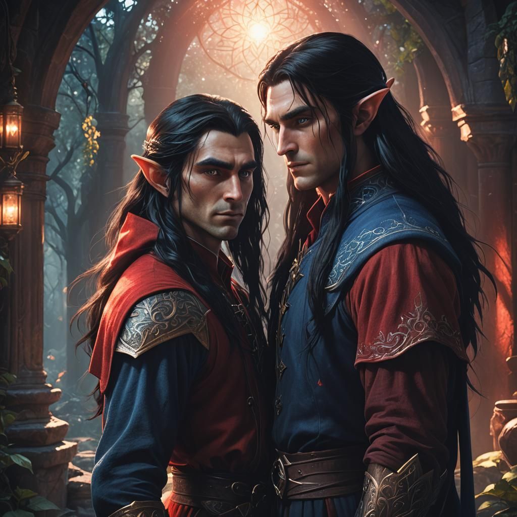 A male elf, with very long black hair, blue eyes, wearing re...