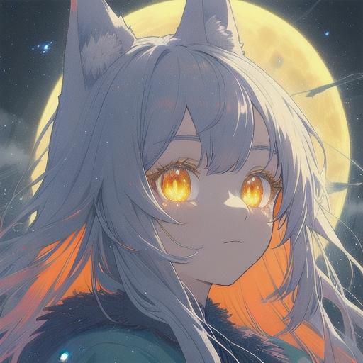 Anime Wolf Girl Gazing at Moon, Colored Pencil Art