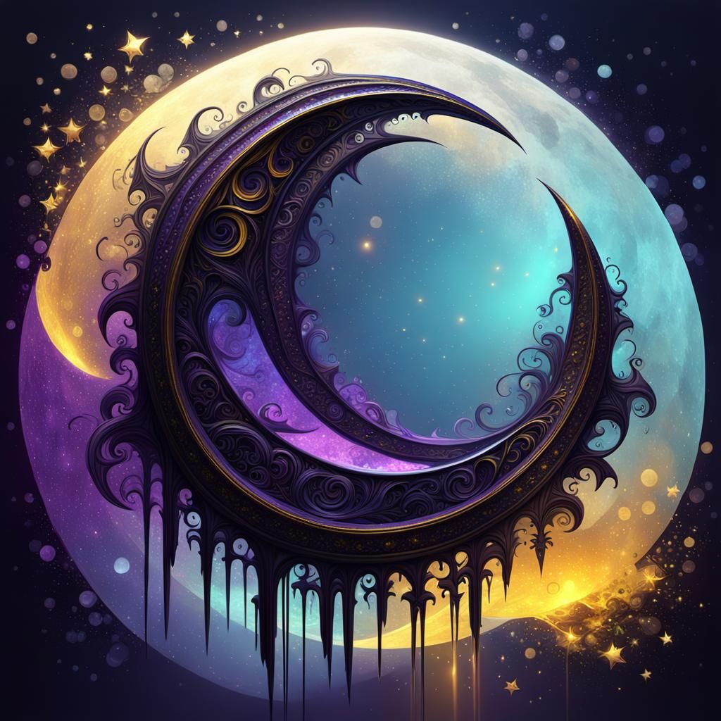 Metallic Goth Crescent Moon in Dark Fantasy Style