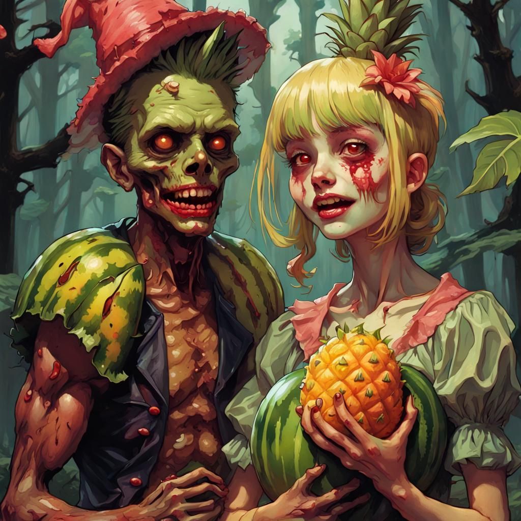 Zombie Fruit in Dark Fantasy Forest: Comic Art