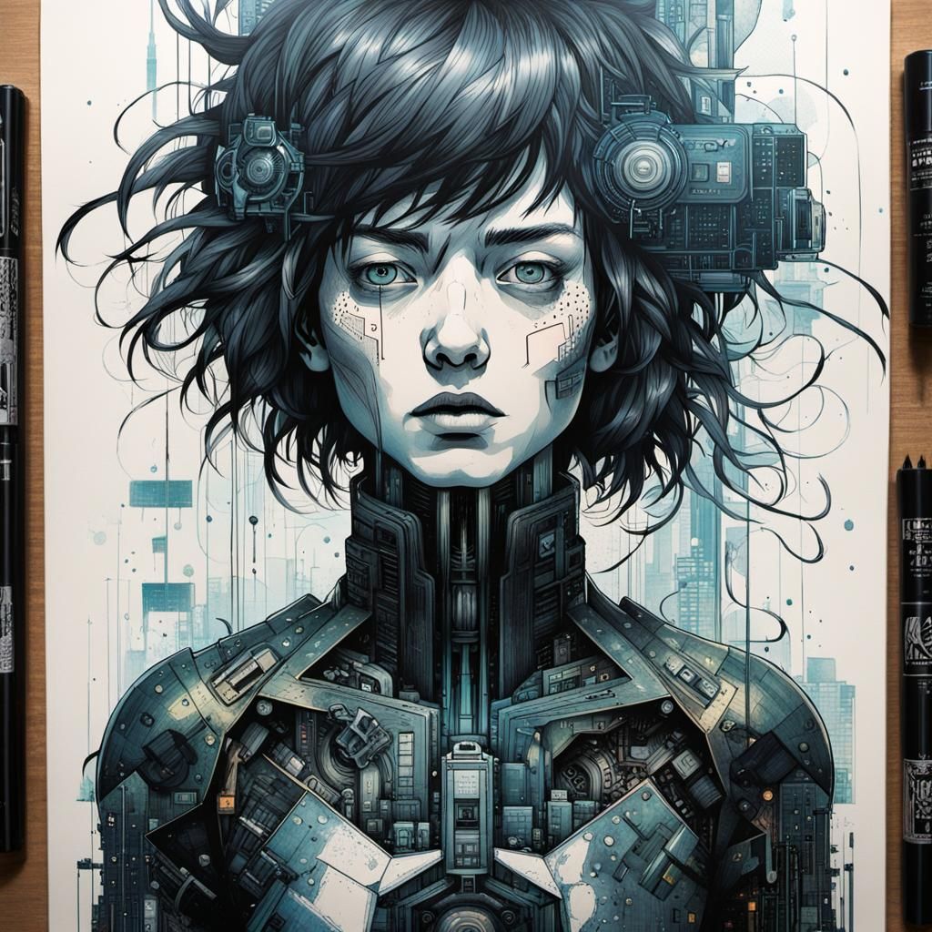 Cyberpunk Cityscape Ink Drawing in Noir Style