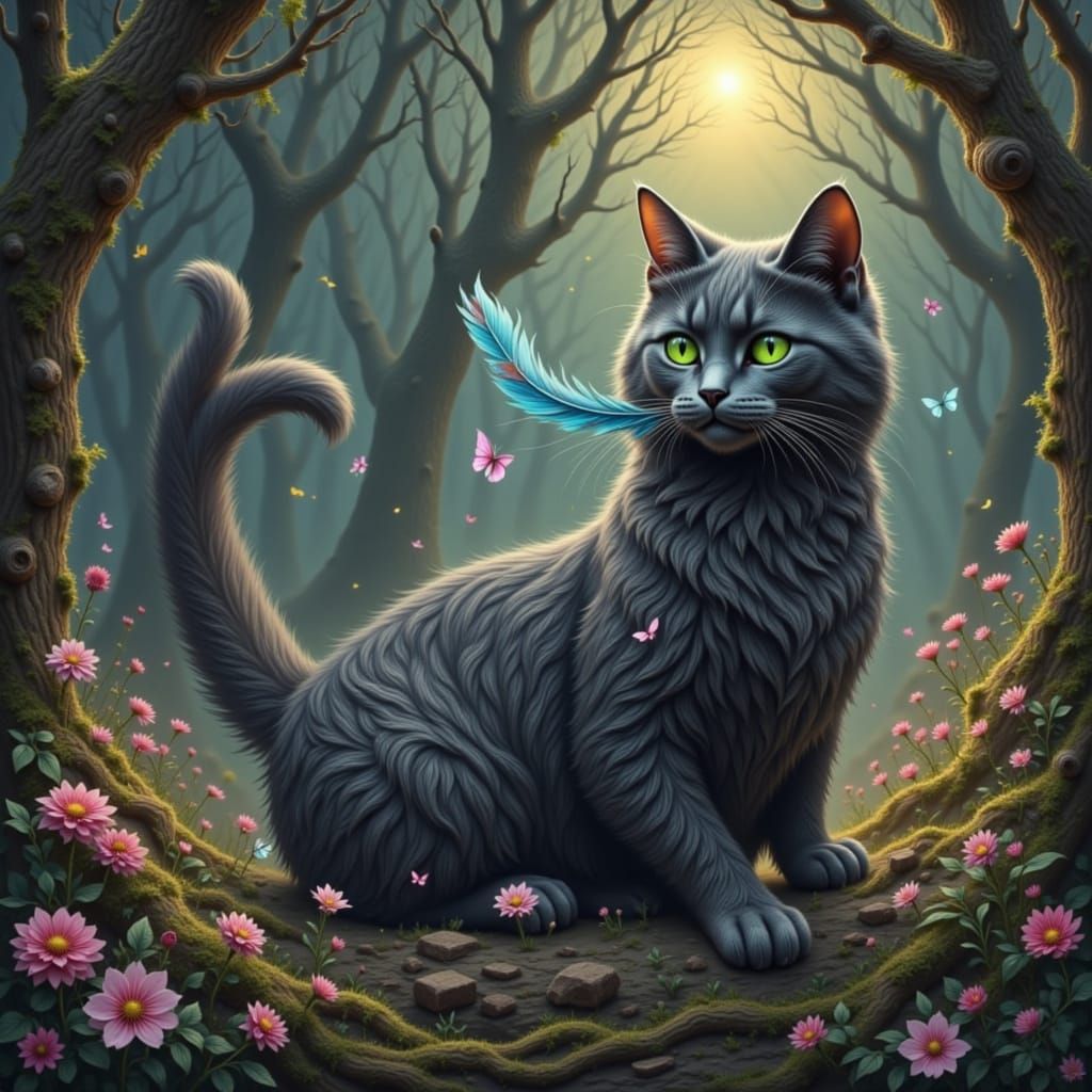 Regal Cat Holds Blue Feather in Mystical Light