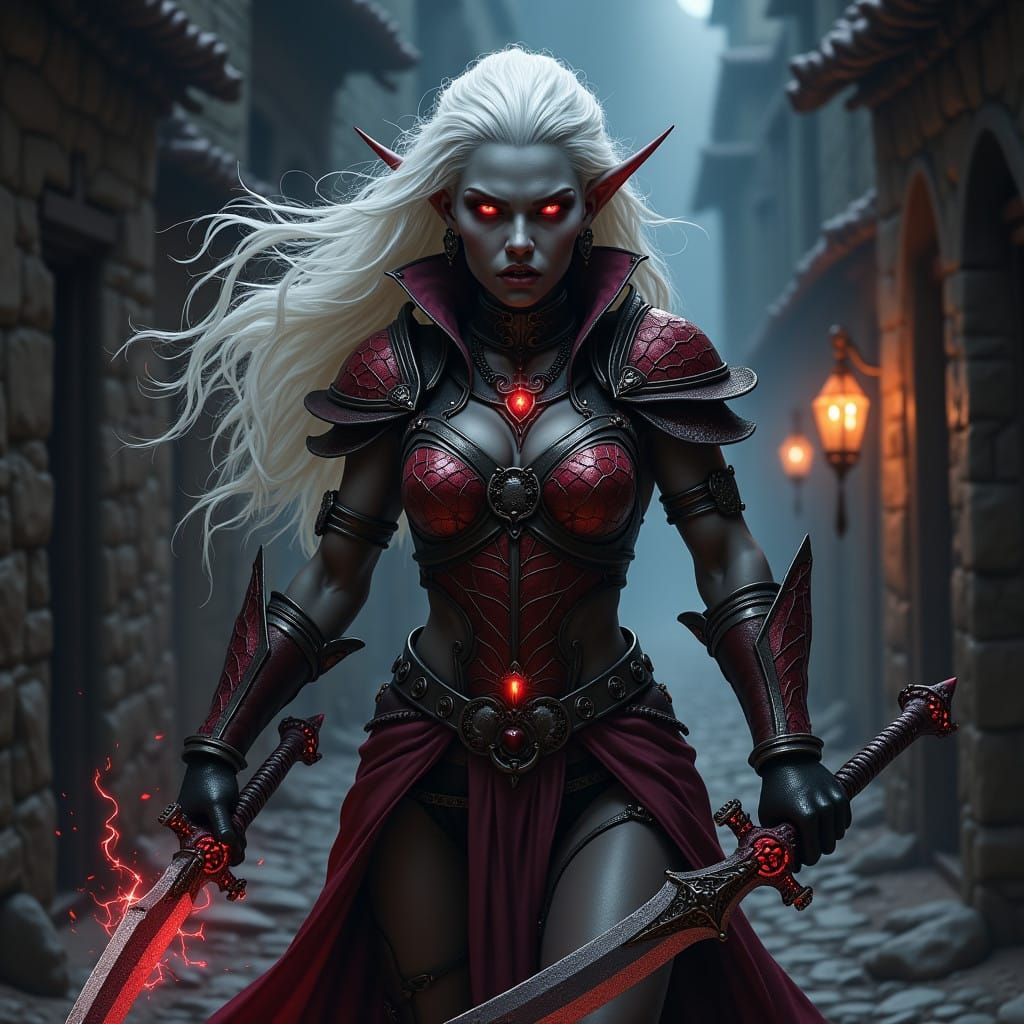 Dark grey-skinned, fierce, and muscular DROW elf Female Cler...