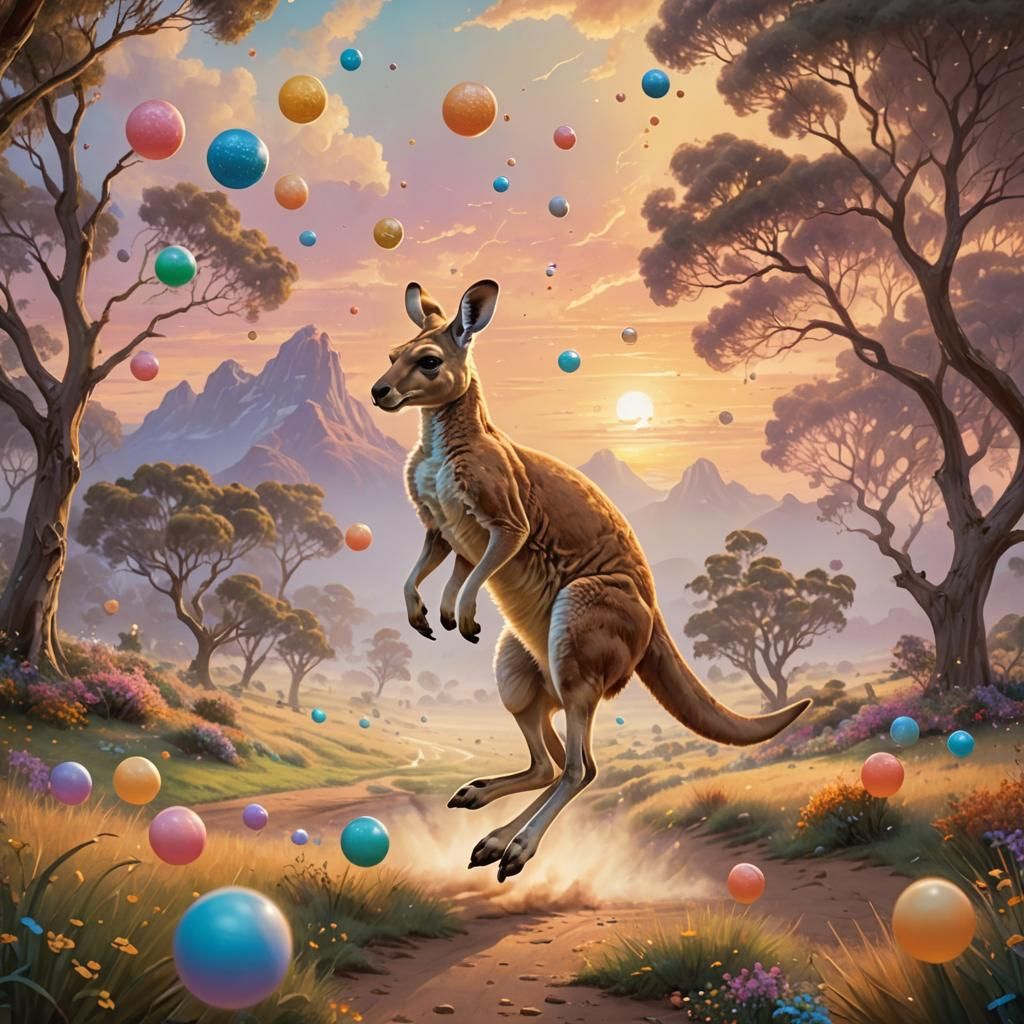 Kangaroo Leaping Through Dreamy Landscape with Jumping Balls