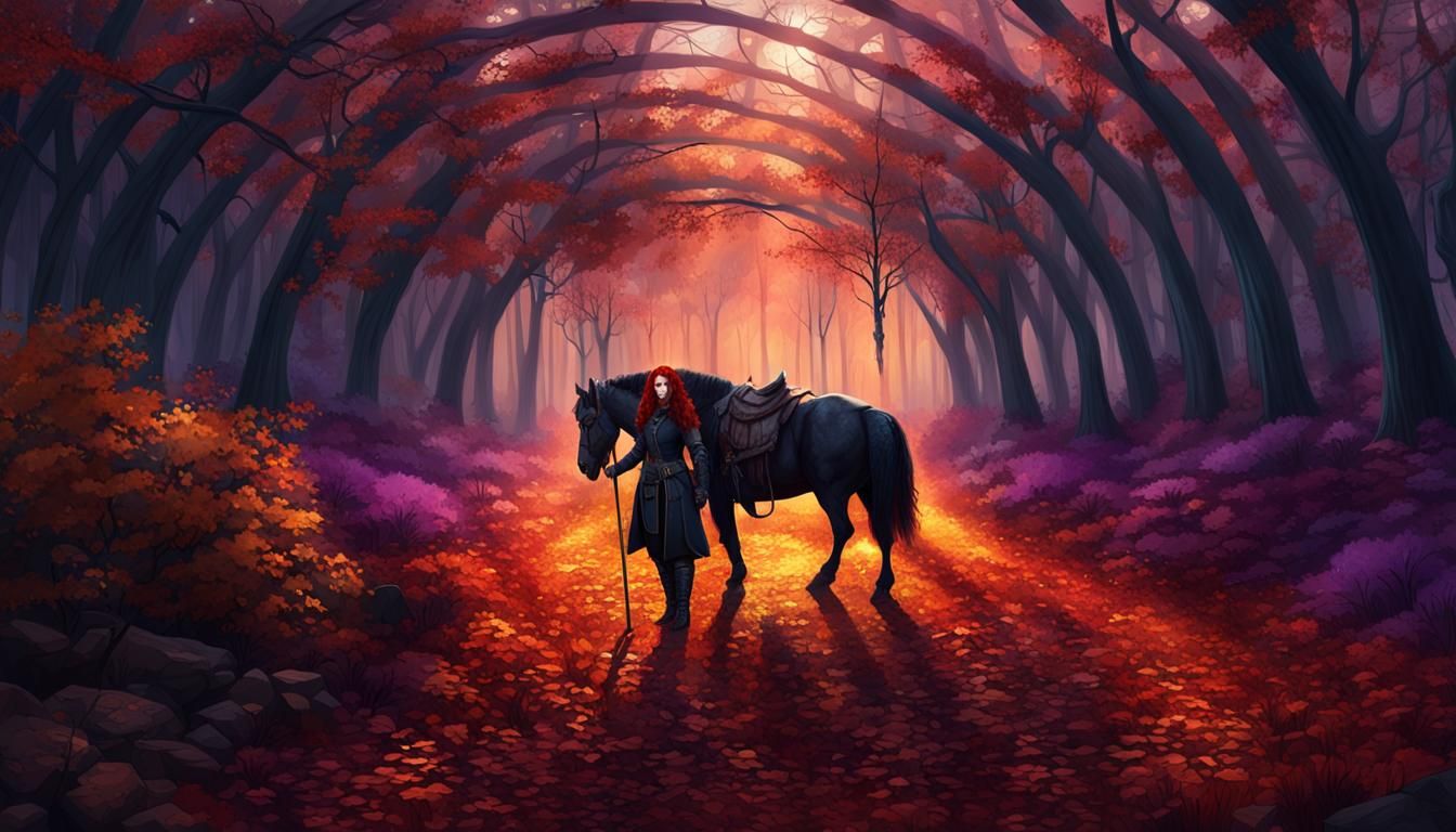Dark Fantasy Woman and Warhorse in Autumn Forest