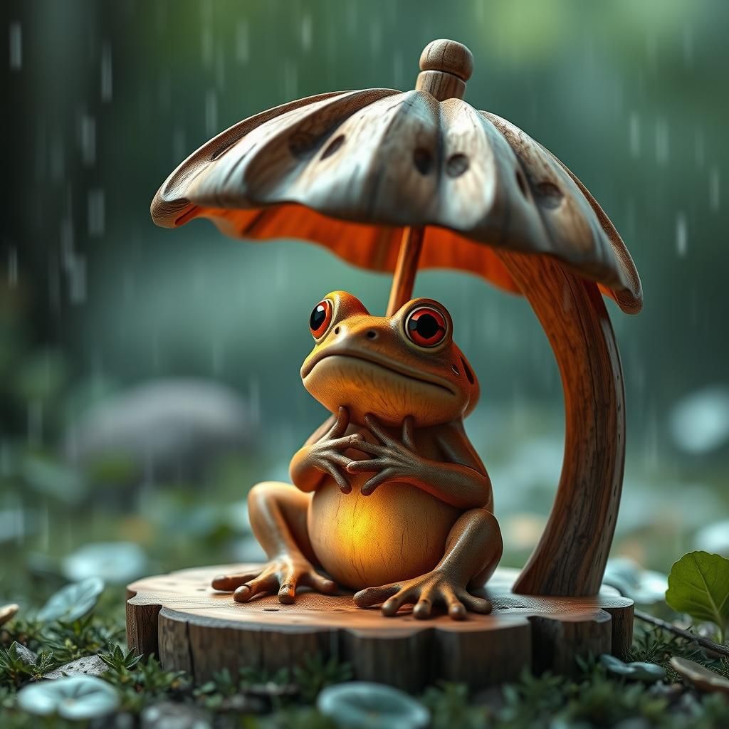 Glowing Frog Under Umbrella in Rainy Woodland Scene
