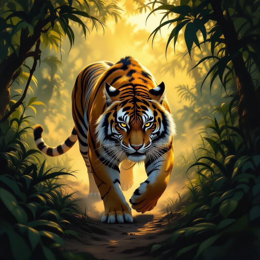 Mythical Tigress Woman Stalking Prey in Jungle