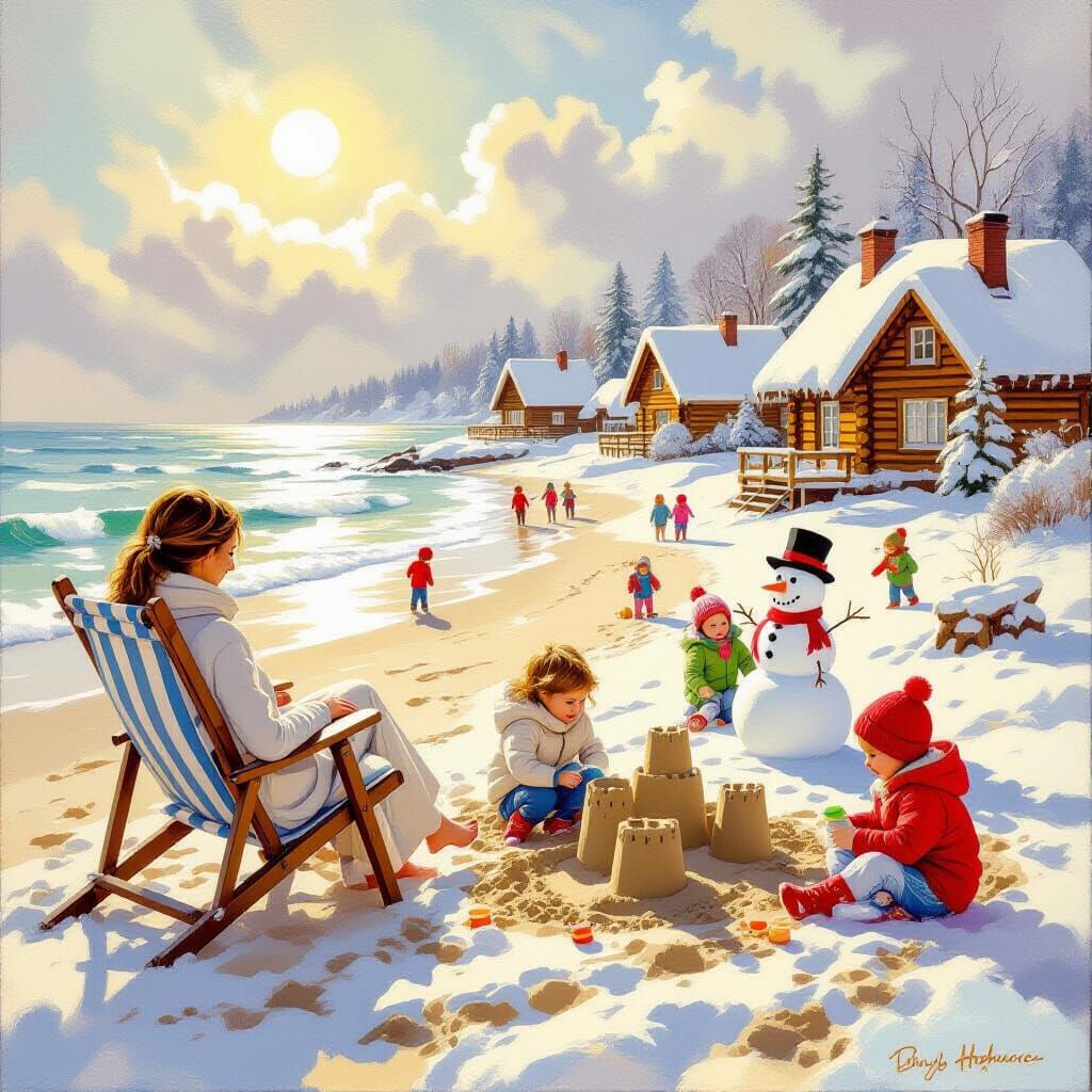 Summer Beach Meets Winter Snow Scene
