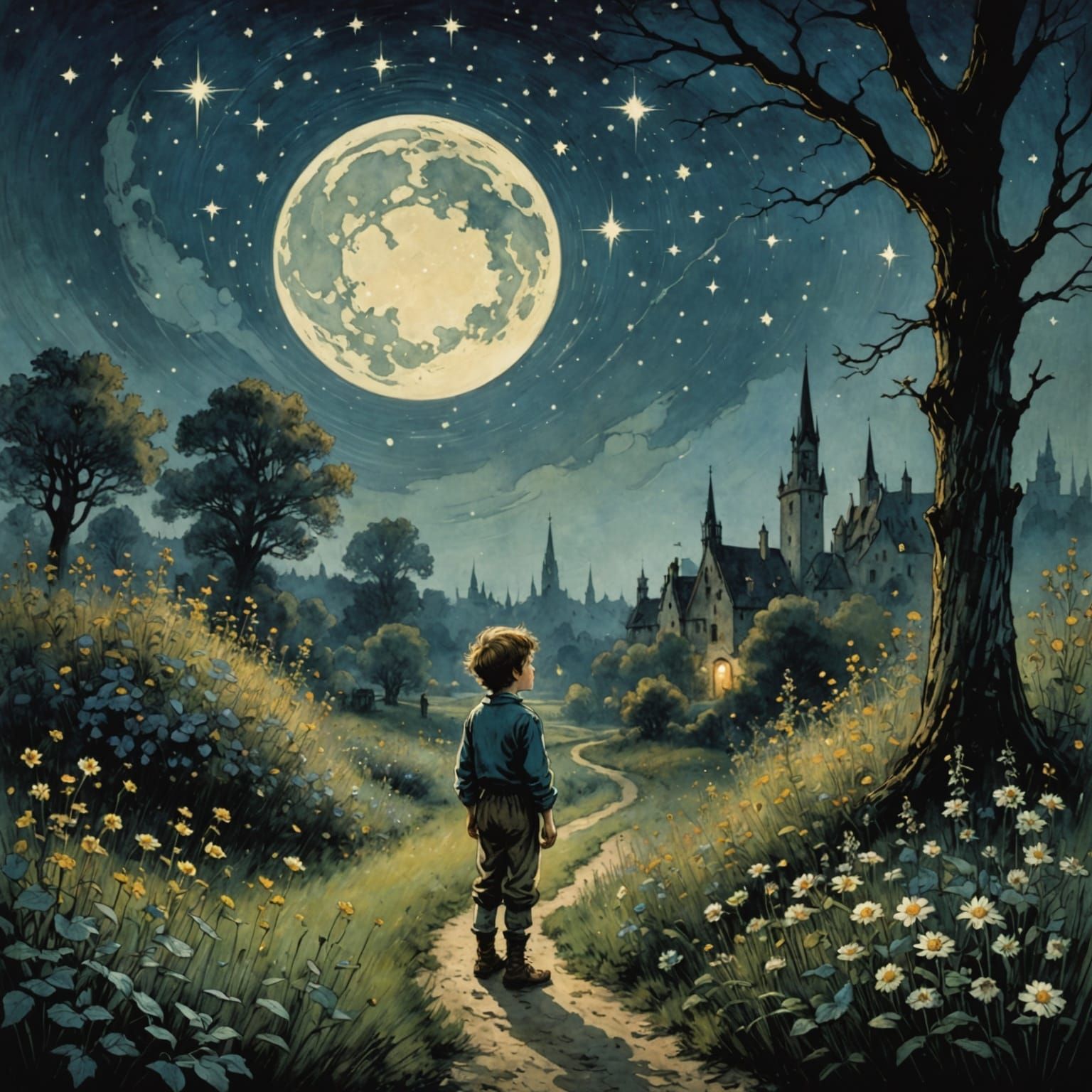 Whimsical Nighttime Scene in a Garden