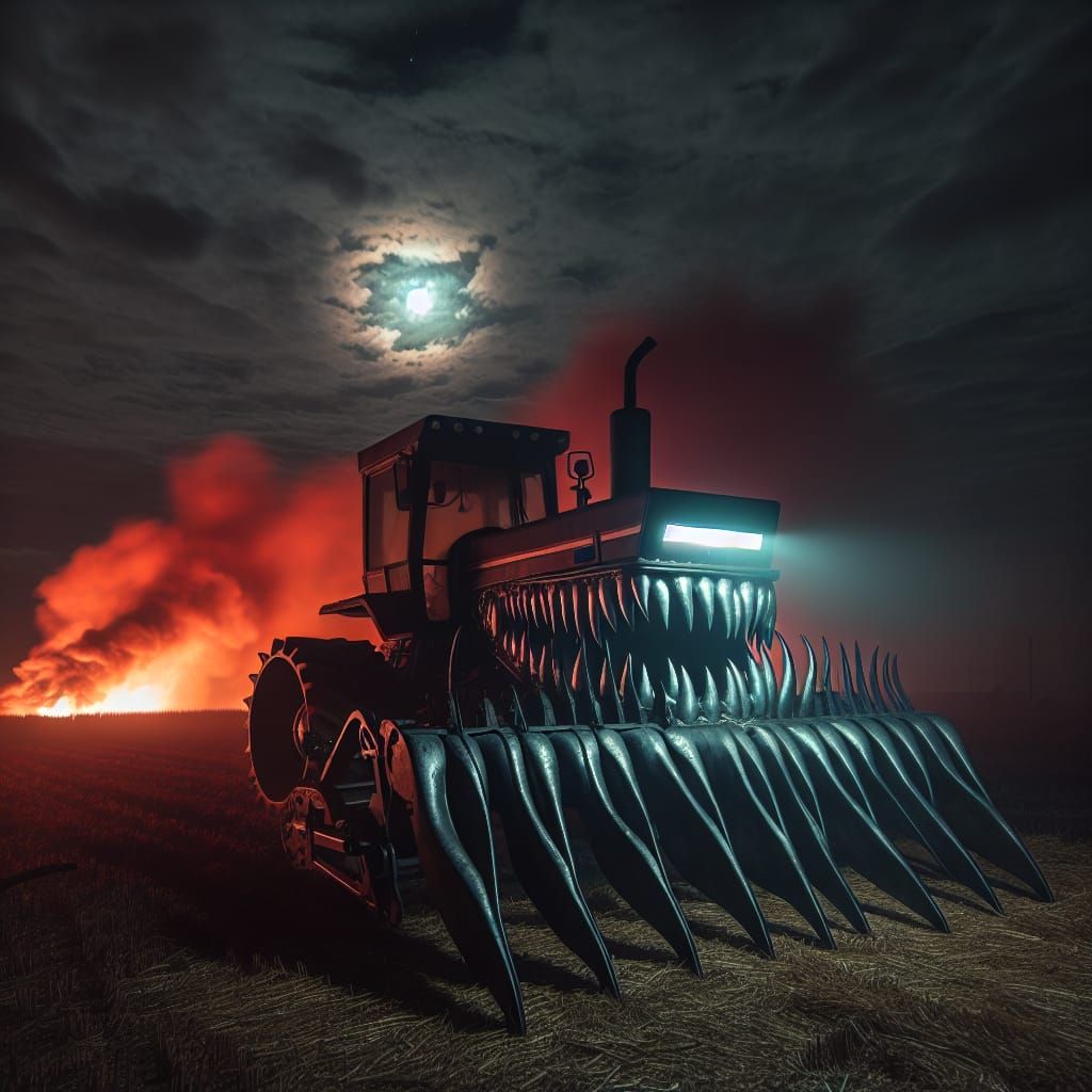 Eerie Moonlight Farm with Possessed Tractor