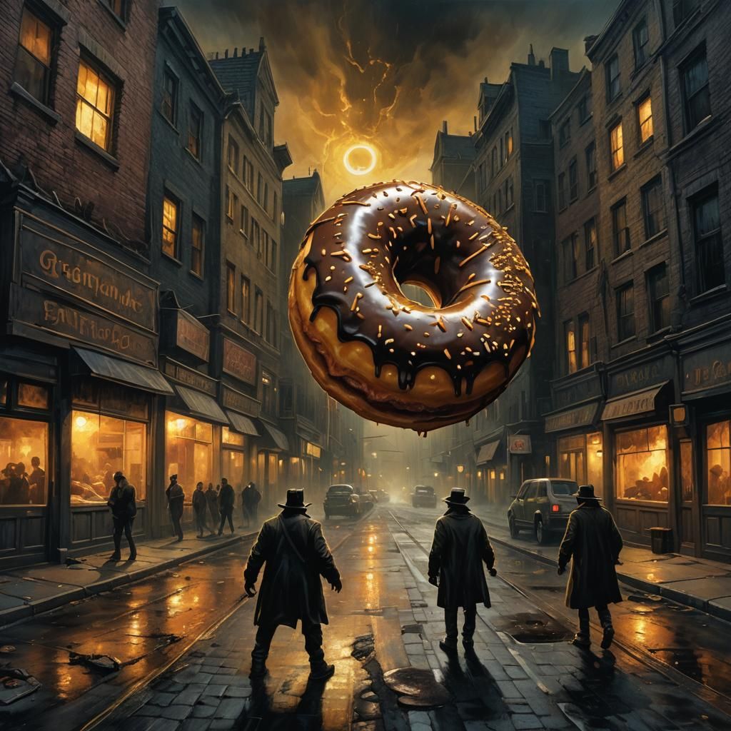 Giant Killer Donut Terrorizes City in Dark Fantasy Art