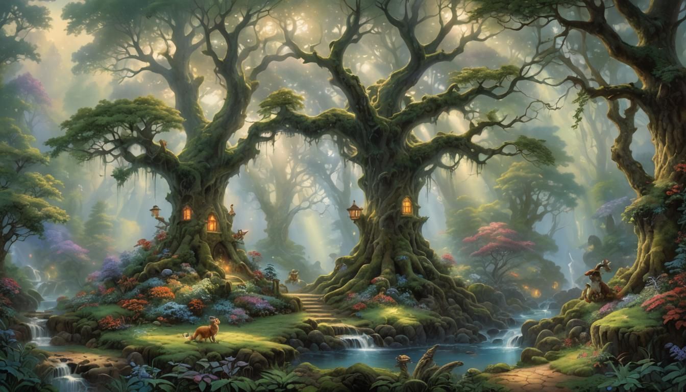 Ethereal Forest Scene with Folklore Creatures