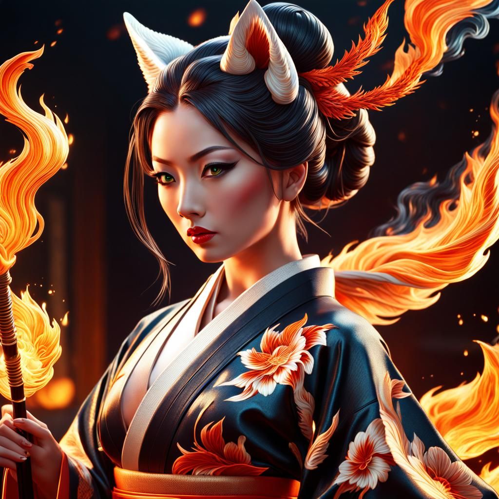 Kitsune Woman Casting Flames: Hyperrealistic Splash Art
