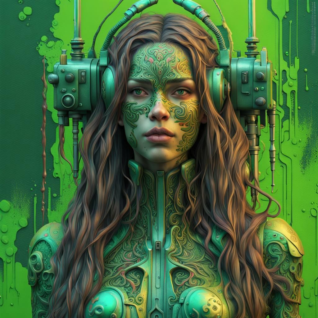 Cyborg Girl with Paisley Metal in Street Art Style