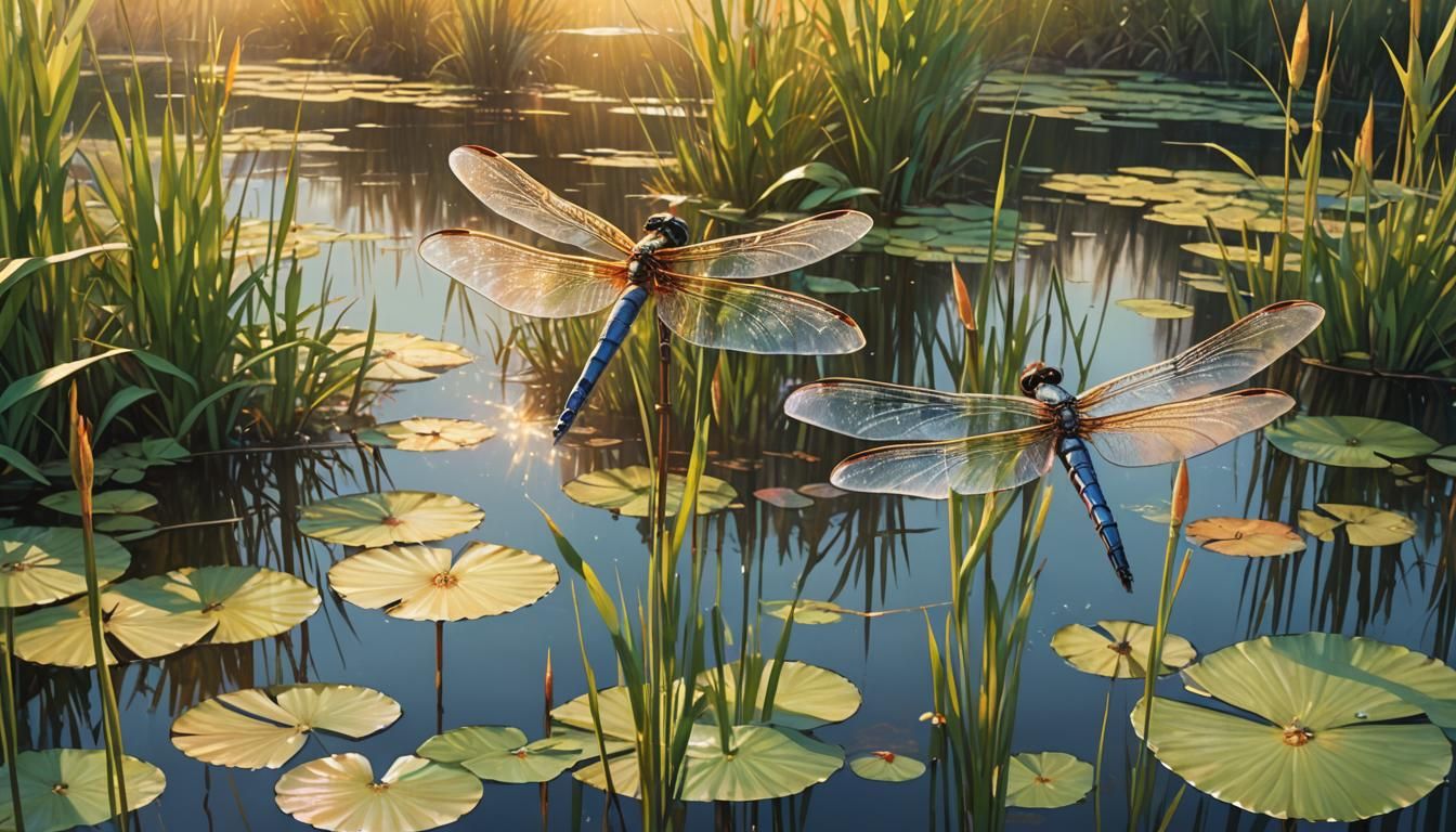 Iridescent Dragonfly Among Cattails: Vivid Digital Art