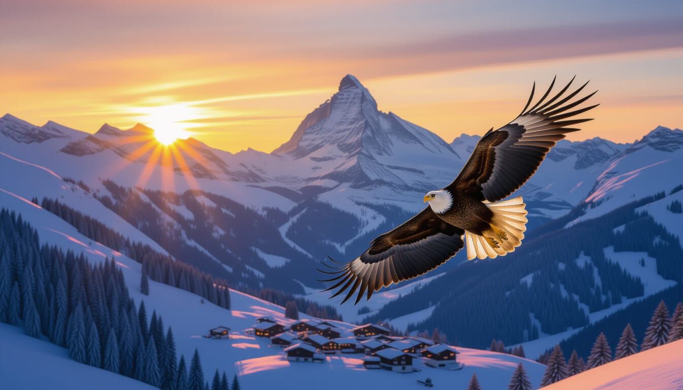 Eagle Soaring Over Swiss Alps at Sunset