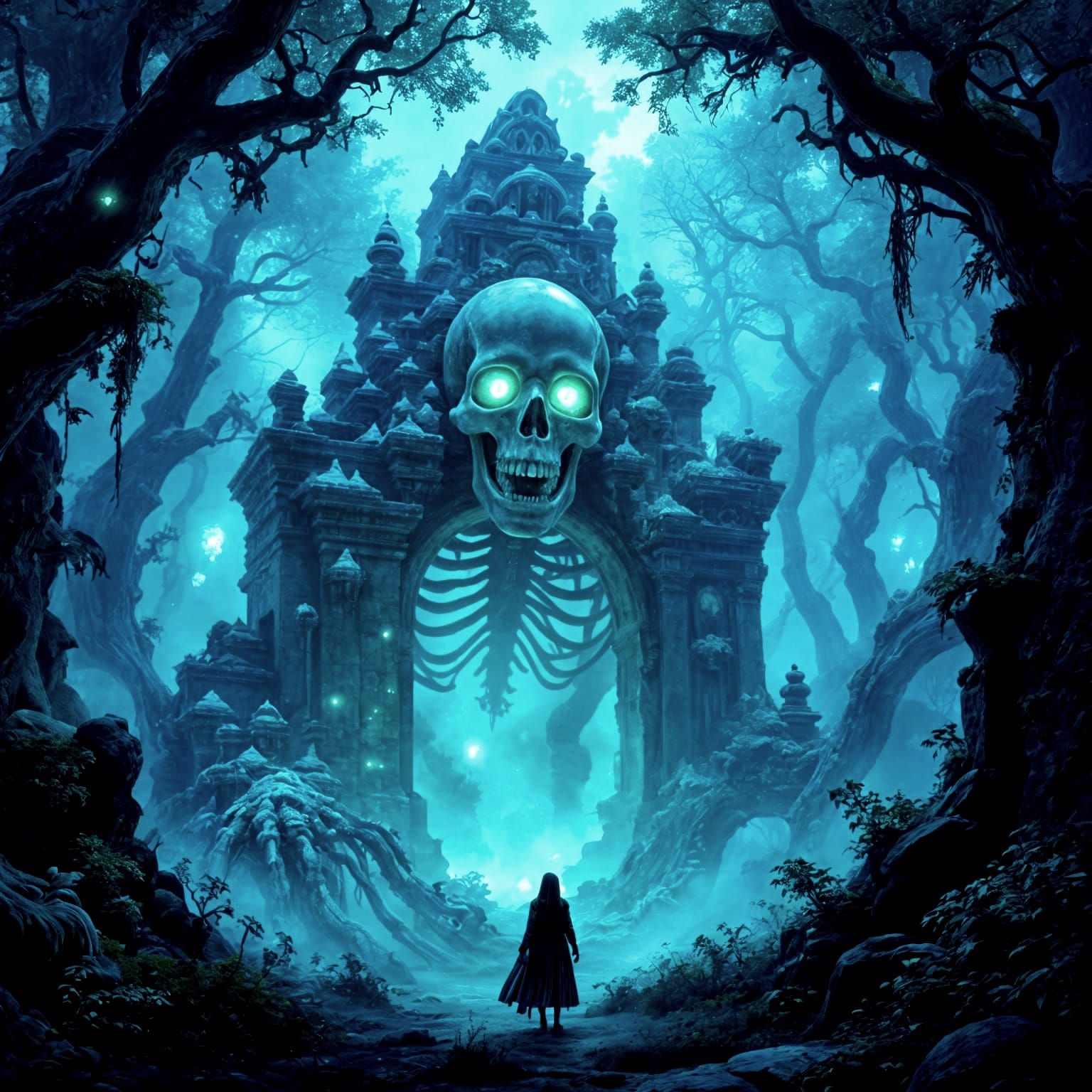 Bioluminescent Fungal Forest with Skeletal Guardian