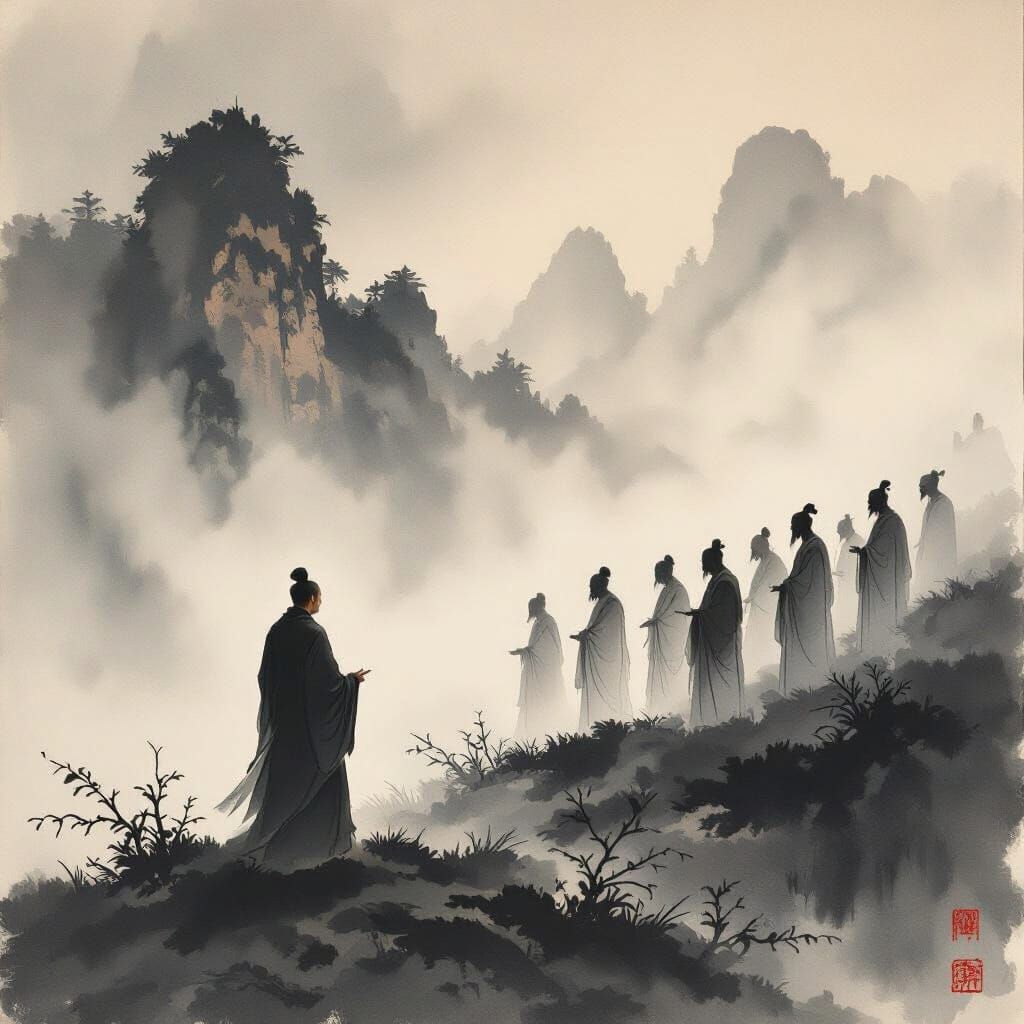 Buddhist Monk Meets Ethereal Sages in Ink Wash Style