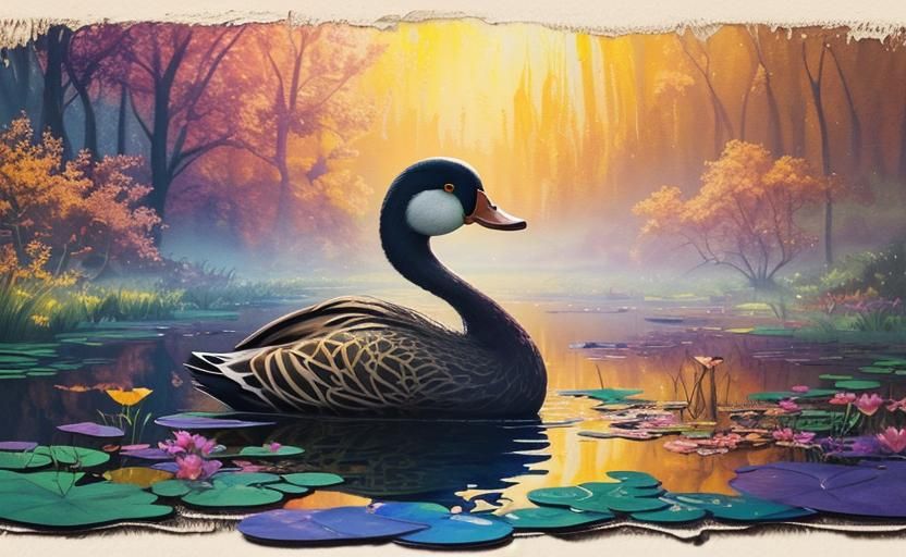 Duck in Pond: Detailed Matte Painting in Gouache Style