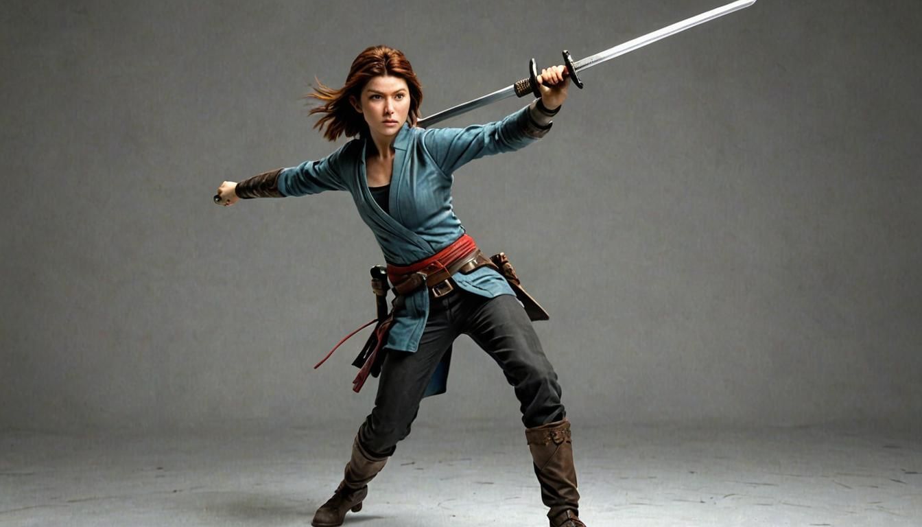 Beautiful Jewel Staite, with her katana raised above her hea...