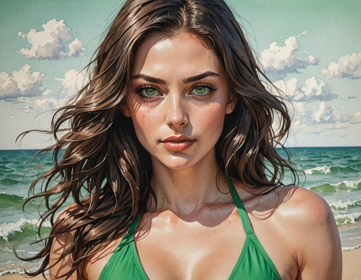 Brunette Girl Portrait in Color Drawing Style